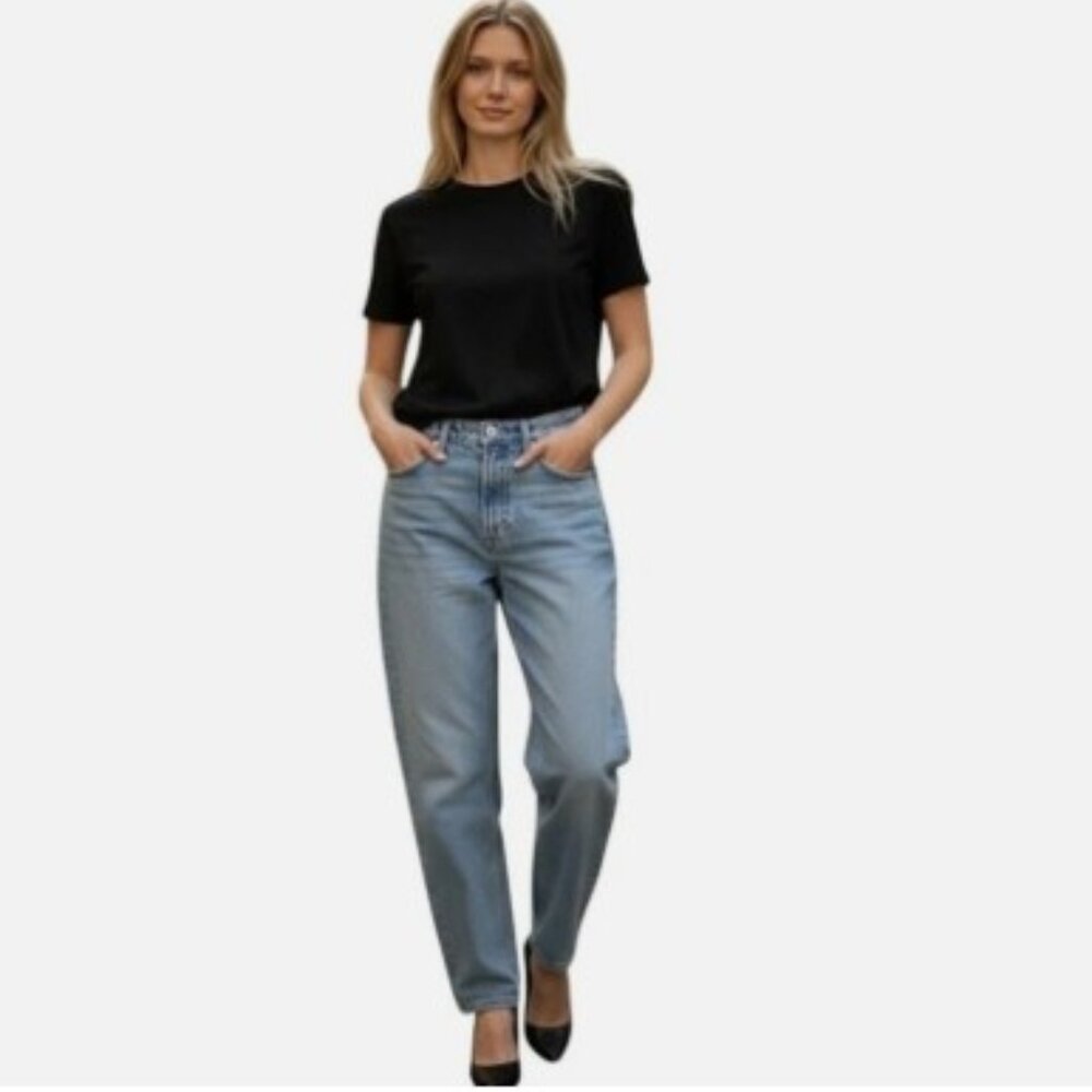 ZARA Jeans Straight Barrel Sz 6 Lt Blue Flat Front Distress Fade Preppy College